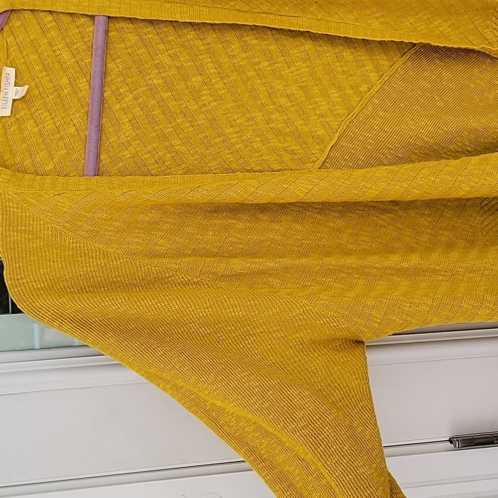 Eileen Fisher Drape Front Slub Cardigan Sz L Wool Linen & Silk Blend Mustard - Picture 2 of 12